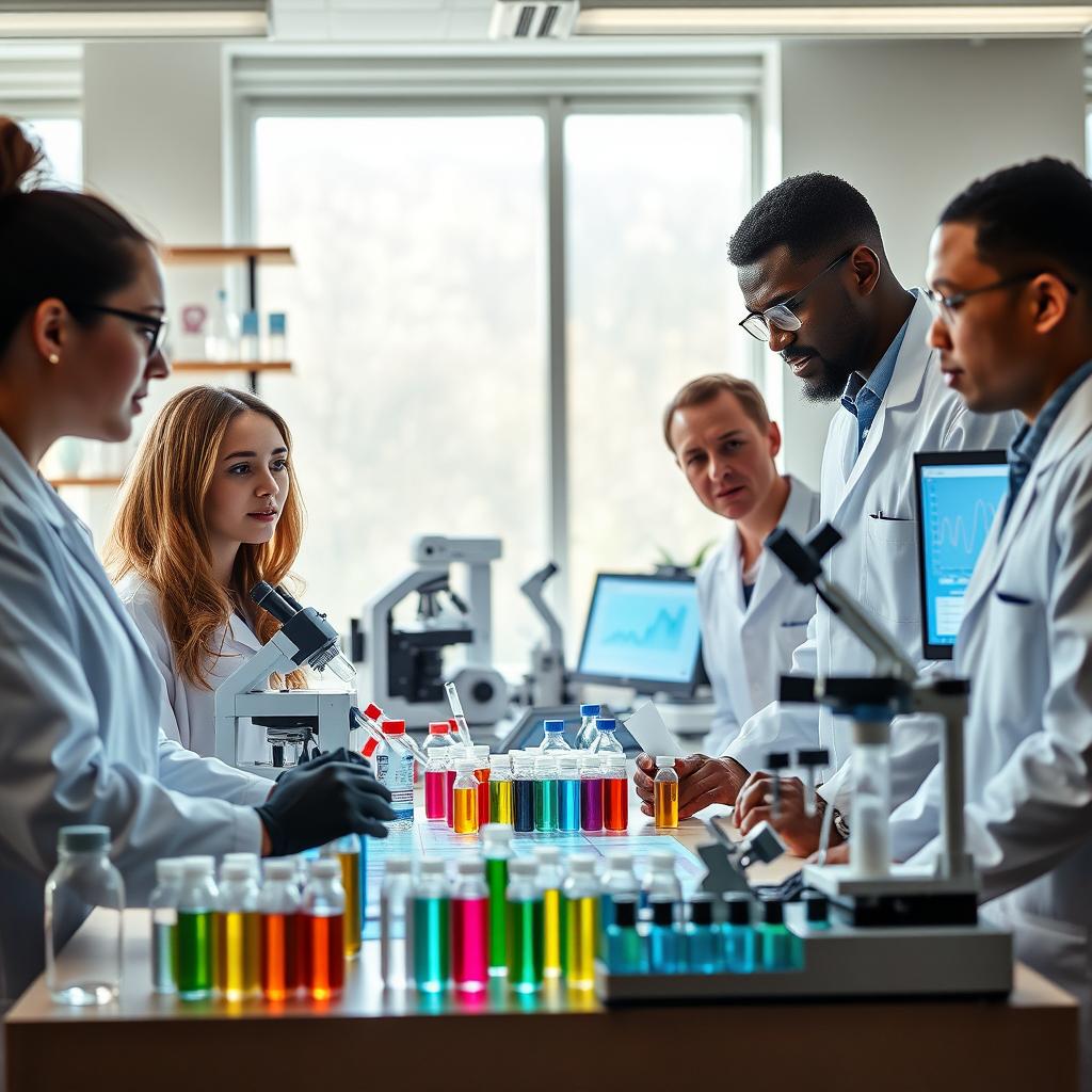 A modern laboratory scene showcasing personalized medicine, featuring a diverse group of scientists, including a Caucasian woman and an African American man, discussing research findings over a table filled with colorful vials and high-tech medical equipment