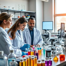 A modern laboratory scene showcasing personalized medicine, featuring a diverse group of scientists, including a Caucasian woman and an African American man, discussing research findings over a table filled with colorful vials and high-tech medical equipment