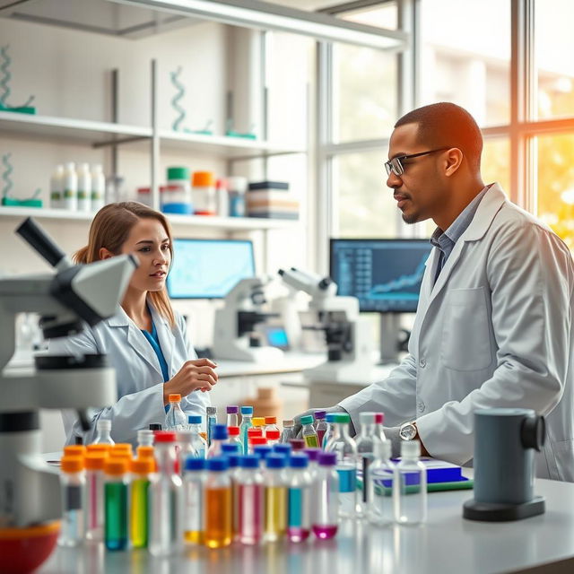 A modern laboratory scene showcasing personalized medicine, featuring a diverse group of scientists, including a Caucasian woman and an African American man, discussing research findings over a table filled with colorful vials and high-tech medical equipment