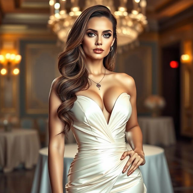 A glamorous woman with striking features, wearing a stunning, low-cut evening gown that accentuates her curves and prominently displays her cleavage