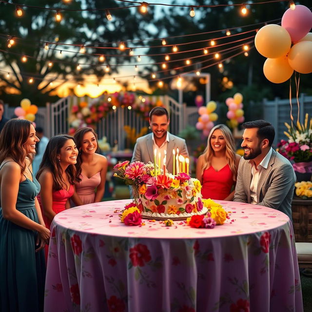 A beautiful and vibrant celebration scene for a birthday party, featuring a stunningly decorated table with a colorful cake adorned with fresh flowers and candles