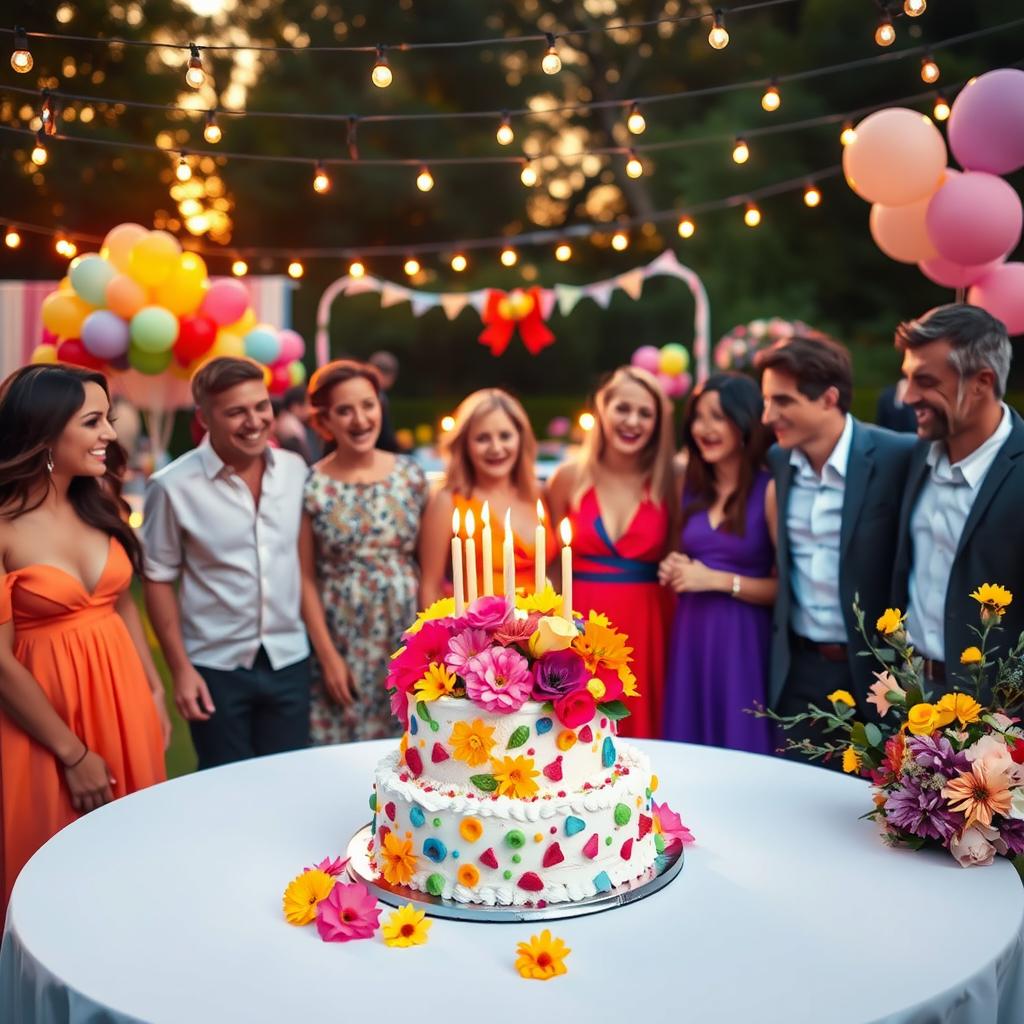 A beautiful and vibrant celebration scene for a birthday party, featuring a stunningly decorated table with a colorful cake adorned with fresh flowers and candles