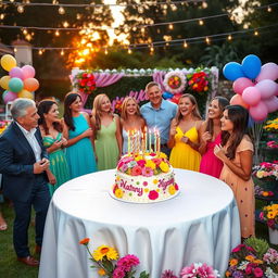 A beautiful and vibrant celebration scene for a birthday party, featuring a stunningly decorated table with a colorful cake adorned with fresh flowers and candles