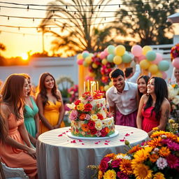A beautiful and vibrant celebration scene for a birthday party, featuring a stunningly decorated table with a colorful cake adorned with fresh flowers and candles