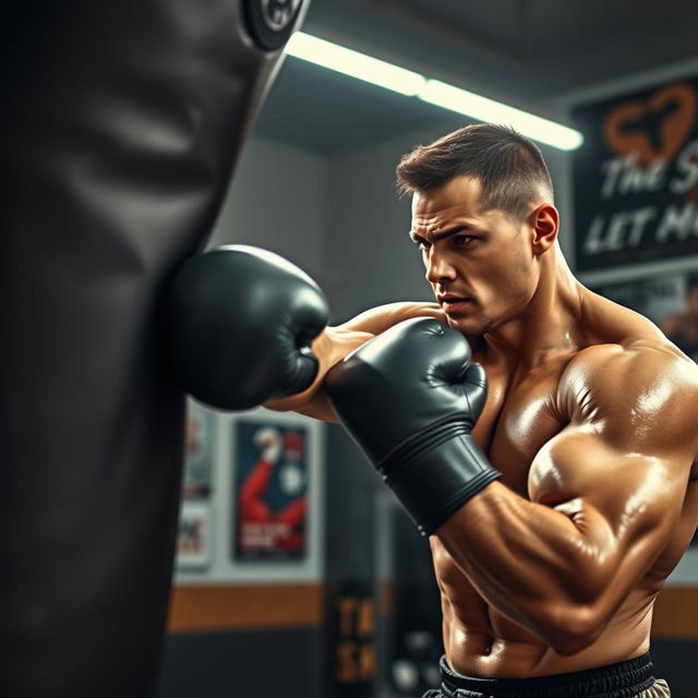 A dynamic scene of a person fully focused on punching a heavy punching bag