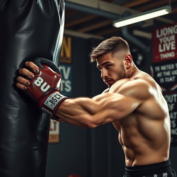 A dynamic scene of a person fully focused on punching a heavy punching bag