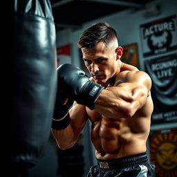 A dynamic scene of a person fully focused on punching a heavy punching bag