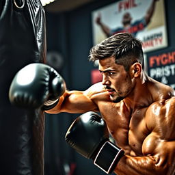 A dynamic scene of a person fully focused on punching a heavy punching bag