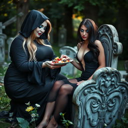 A photographic image showcasing a very fat, shapely, beautiful young woman with blond hair, dressed in a sleek black Grim Reaper outfit, accented with frosted blue eye shadow, thick black eyeliner, mascara, long black eyelashes, and bright pink lipstick