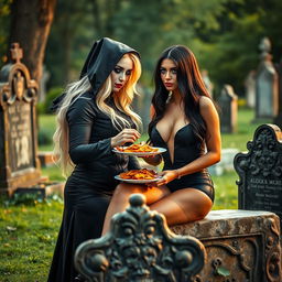 A photographic image showcasing a very fat, shapely, beautiful young woman with blond hair, dressed in a sleek black Grim Reaper outfit, accented with frosted blue eye shadow, thick black eyeliner, mascara, long black eyelashes, and bright pink lipstick