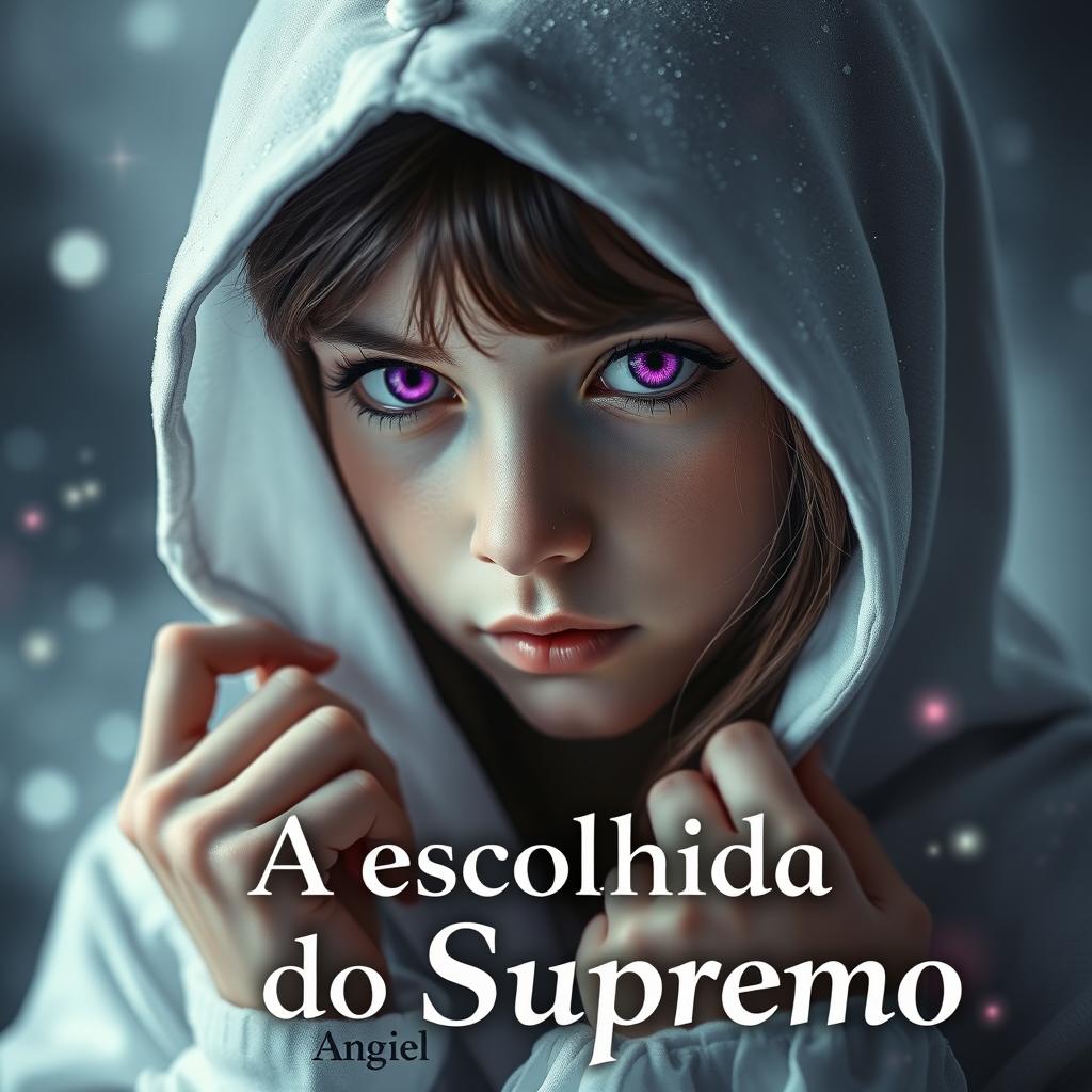 A girl with a sparkling white hood holding the edges of it with her fingertips, concealing her forehead and slightly lowering her head, revealing her bright violet purple eyes