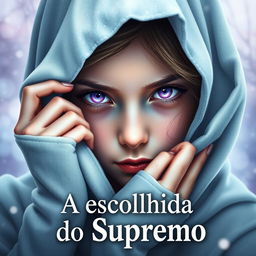 A girl with a sparkling white hood holding the edges of it with her fingertips, concealing her forehead and slightly lowering her head, revealing her bright violet purple eyes