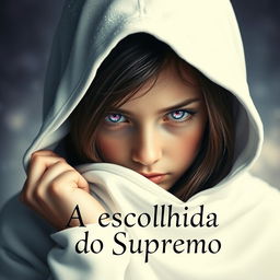 A girl with a sparkling white hood holding the edges of it with her fingertips, concealing her forehead and slightly lowering her head, revealing her bright violet purple eyes