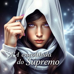 A girl with a sparkling white hood holding the edges of it with her fingertips, concealing her forehead and slightly lowering her head, revealing her bright violet purple eyes
