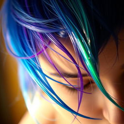 A close-up view of a person's head where the focus is on various shades of glossy, vibrant hair