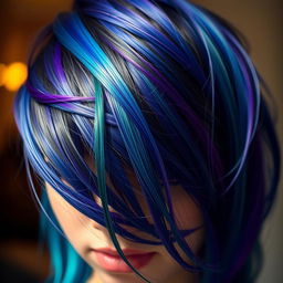 A close-up view of a person's head where the focus is on various shades of glossy, vibrant hair