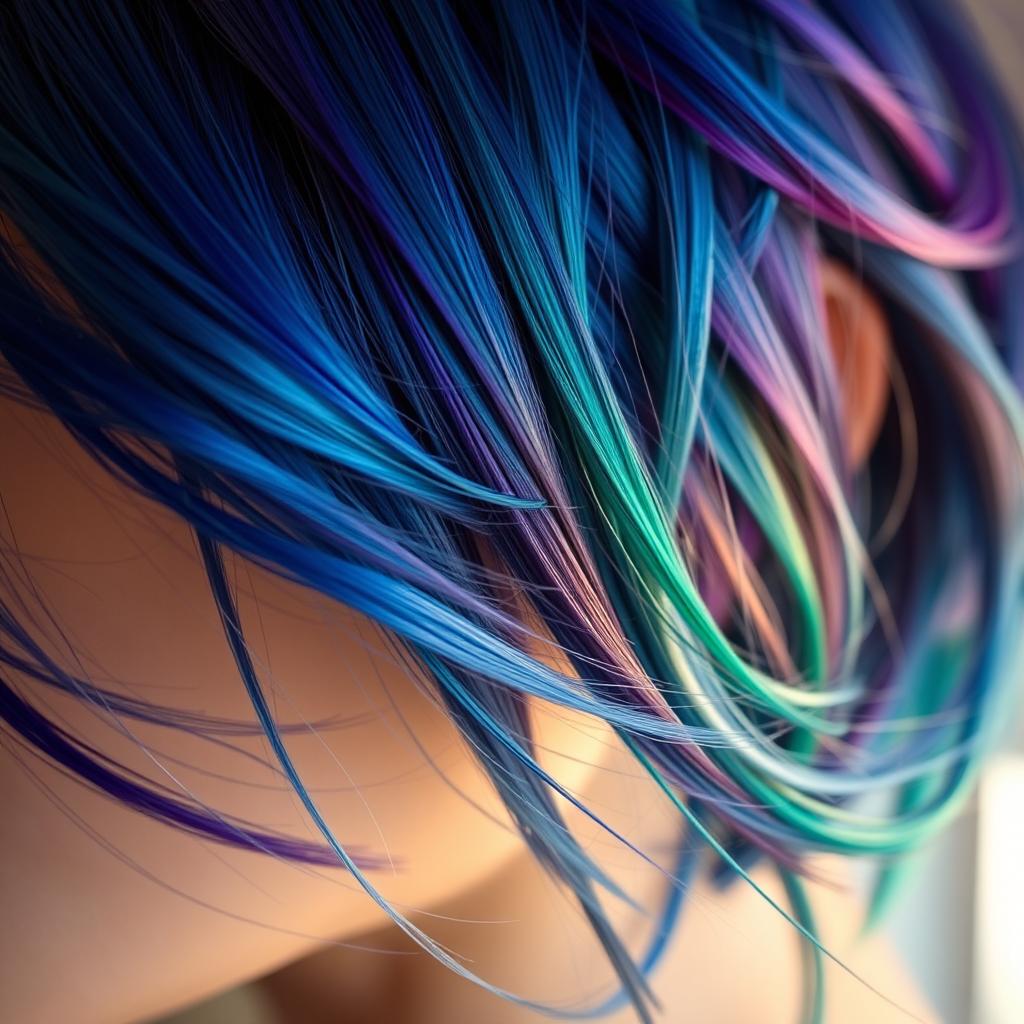 A close-up view of a person's head where the focus is on various shades of glossy, vibrant hair