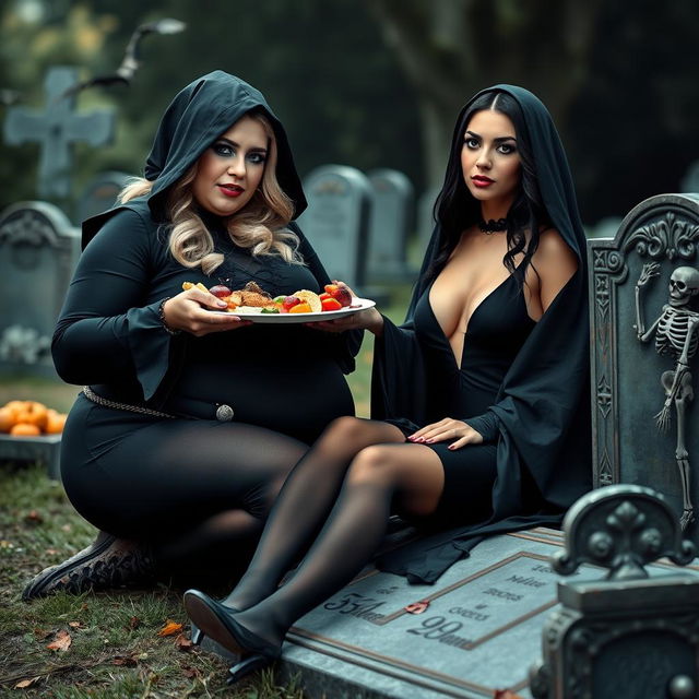 A photographic image featuring a very fat, shapely, beautiful young woman with striking blond hair, dressed in a tight black Grim Reaper outfit that accentuates her curves