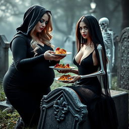 A photographic image featuring a very fat, shapely, beautiful young woman with striking blond hair, dressed in a tight black Grim Reaper outfit that accentuates her curves