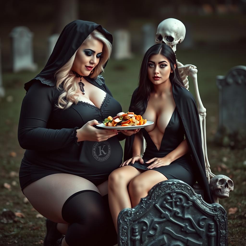 A photographic image featuring a very fat, shapely, beautiful young woman with striking blond hair, dressed in a tight black Grim Reaper outfit that accentuates her curves