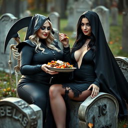 A photographic image featuring a very fat, shapely, beautiful young woman with striking blond hair, dressed in a tight black Grim Reaper outfit that accentuates her curves