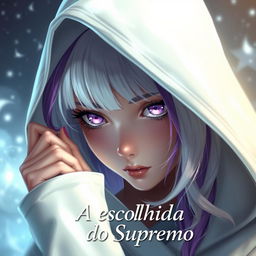 A girl with a shiny white hood holding the edges with her fingertips, concealing her forehead and slightly bowing her head, revealing her bright violet purple eyes