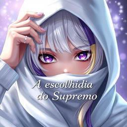 A girl with a shiny white hood holding the edges with her fingertips, concealing her forehead and slightly bowing her head, revealing her bright violet purple eyes