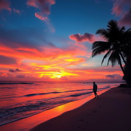 A captivating sunset over a tranquil beach, with vibrant oranges and pinks blending into a deep blue sky