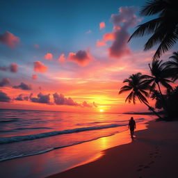 A captivating sunset over a tranquil beach, with vibrant oranges and pinks blending into a deep blue sky