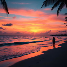 A captivating sunset over a tranquil beach, with vibrant oranges and pinks blending into a deep blue sky