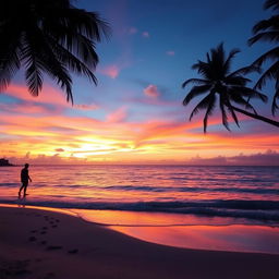 A captivating sunset over a tranquil beach, with vibrant oranges and pinks blending into a deep blue sky