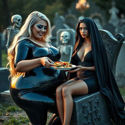 A photographic image depicting a very fat, shapely, beautiful young woman with stunning blond hair, dressed in a form-fitting black latex catsuit that highlights her curves