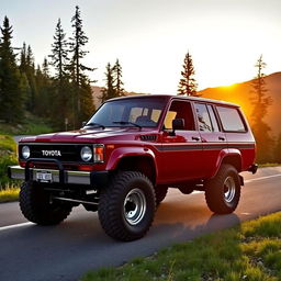 A vintage 1984 Toyota 4Runner, showcasing its classic rugged design with a deep red exterior, black trim, and chrome accents