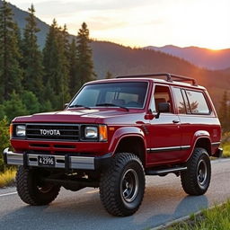 A vintage 1984 Toyota 4Runner, showcasing its classic rugged design with a deep red exterior, black trim, and chrome accents