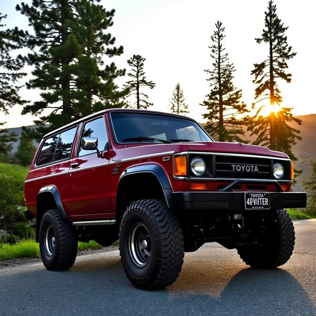 A vintage 1984 Toyota 4Runner, showcasing its classic rugged design with a deep red exterior, black trim, and chrome accents