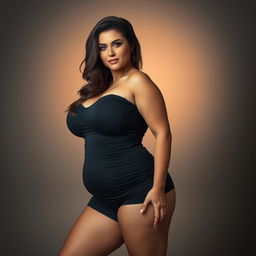 A woman with large curves, confidently posing in a sensuous and subjective manner