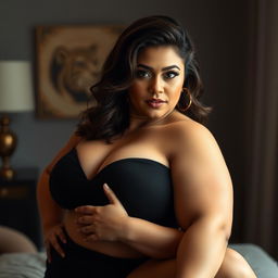 A woman with large curves, confidently posing in a sensuous and subjective manner