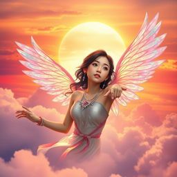 A mystical fantasy book cover featuring an Asian girl with delicate, iridescent wings soaring into a bright, vibrant sky