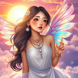 A mystical fantasy book cover featuring an Asian girl with delicate, iridescent wings soaring into a bright, vibrant sky