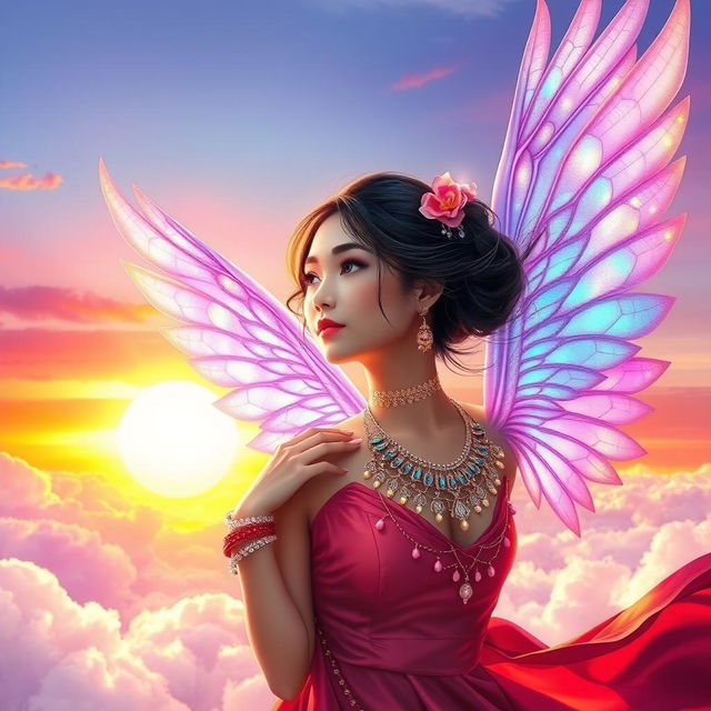 A mystical fantasy book cover featuring an Asian girl with delicate, iridescent wings soaring into a bright, vibrant sky