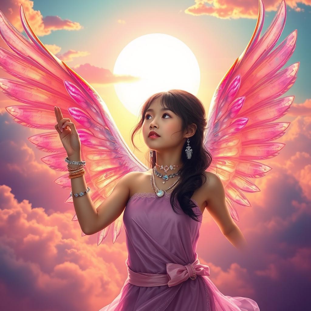 A mystical fantasy book cover featuring an Asian girl with delicate, iridescent wings soaring into a bright, vibrant sky