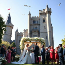 A romantic wedding scene set in a magnificent castle, surrounded by lush gardens and blooming flowers
