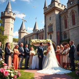 A romantic wedding scene set in a magnificent castle, surrounded by lush gardens and blooming flowers