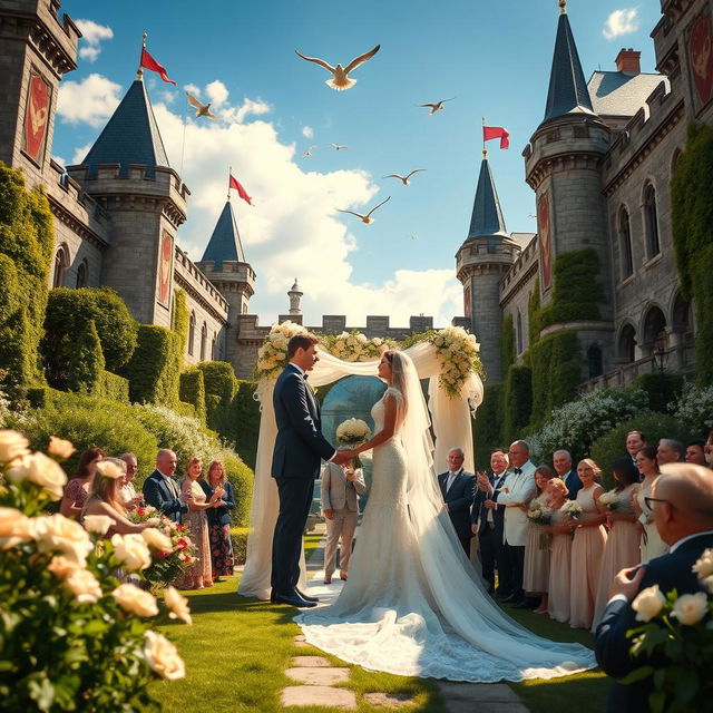 A romantic wedding scene set in a magnificent castle, surrounded by lush gardens and blooming flowers