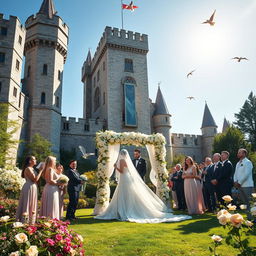 A romantic wedding scene set in a magnificent castle, surrounded by lush gardens and blooming flowers