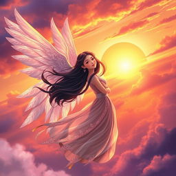 A mystical fantasy book cover featuring an Asian girl with elegant, shimmering wings gracefully flying towards a vibrant sky, adorned with beautiful, intricate jewelry that sparkles in the sunlight