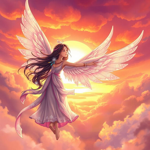 A mystical fantasy book cover featuring an Asian girl with elegant, shimmering wings gracefully flying towards a vibrant sky, adorned with beautiful, intricate jewelry that sparkles in the sunlight