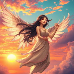 A mystical fantasy book cover featuring an Asian girl with elegant, shimmering wings gracefully flying towards a vibrant sky, adorned with beautiful, intricate jewelry that sparkles in the sunlight
