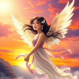 A mystical fantasy book cover featuring an Asian girl with elegant, shimmering wings gracefully flying towards a vibrant sky, adorned with beautiful, intricate jewelry that sparkles in the sunlight