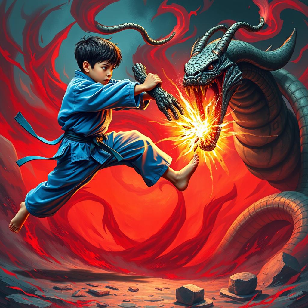 A dynamic scene featuring a young karate boy in a blue gi, showcasing his determination as he engages in a fierce battle with a Gorgon monster from Greek mythology
